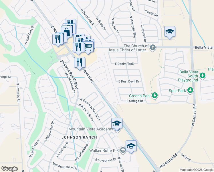 map of restaurants, bars, coffee shops, grocery stores, and more near 883 East Dust Devil Circle in Queen Creek