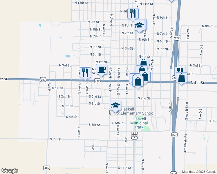 map of restaurants, bars, coffee shops, grocery stores, and more near 5 North Avenue H in Haskell
