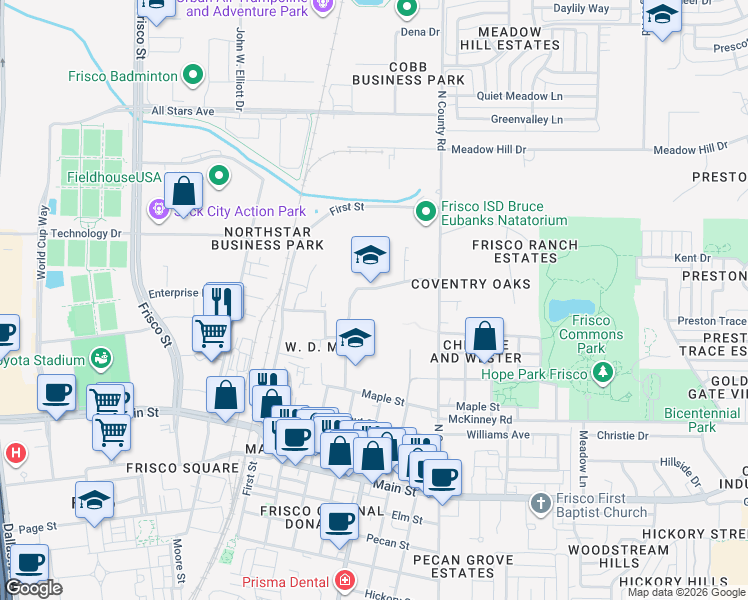 map of restaurants, bars, coffee shops, grocery stores, and more near 6927 Stadium Lane in Frisco