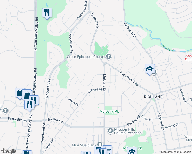 map of restaurants, bars, coffee shops, grocery stores, and more near 735 Dane Drive in San Marcos