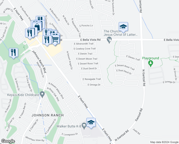 map of restaurants, bars, coffee shops, grocery stores, and more near 1142 East Silktassel Trail in Queen Creek