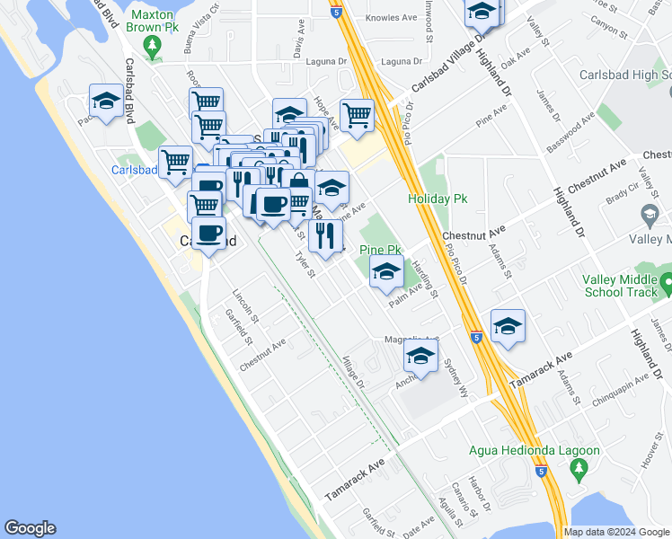 map of restaurants, bars, coffee shops, grocery stores, and more near 3304 Roosevelt Street in Carlsbad