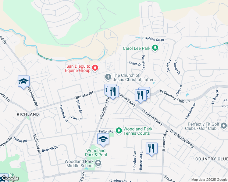 map of restaurants, bars, coffee shops, grocery stores, and more near Borden Road & Woodland Parkway in San Marcos