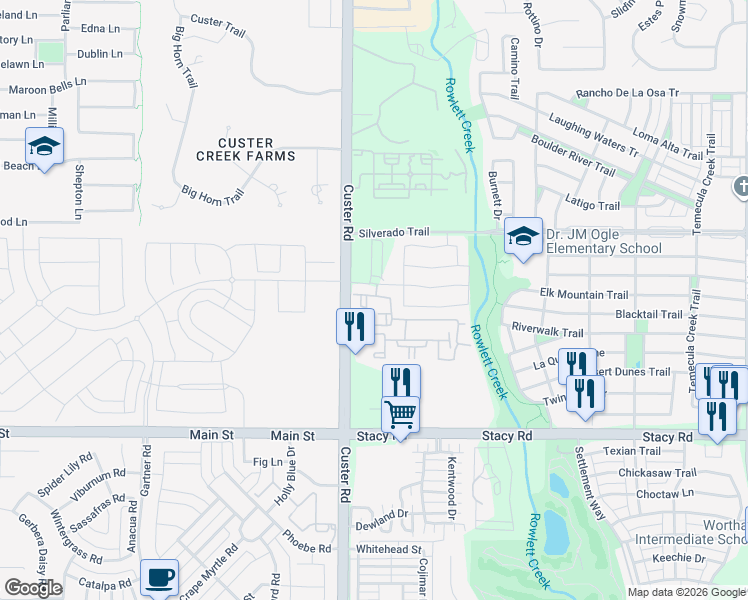 map of restaurants, bars, coffee shops, grocery stores, and more near 8951 McCutchins Drive in McKinney