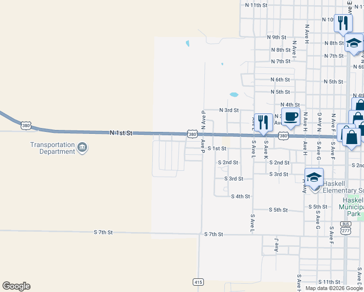 map of restaurants, bars, coffee shops, grocery stores, and more near 1609 North 1st Street in Haskell