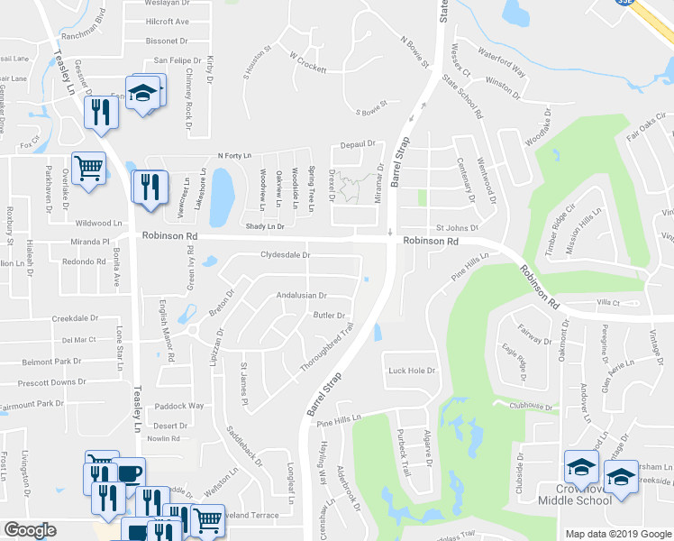 map of restaurants, bars, coffee shops, grocery stores, and more near 3529 Lippizan Drive in Denton