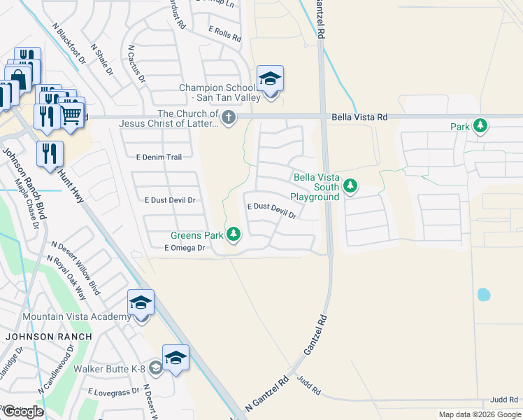 map of restaurants, bars, coffee shops, grocery stores, and more near 1705 East Dust Devil Drive in Queen Creek