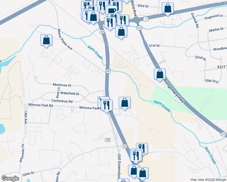 map of restaurants, bars, coffee shops, grocery stores, and more near 5621 Highway 69 in Tuscaloosa