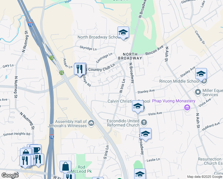 map of restaurants, bars, coffee shops, grocery stores, and more near 2114 Woodbury Place in Escondido