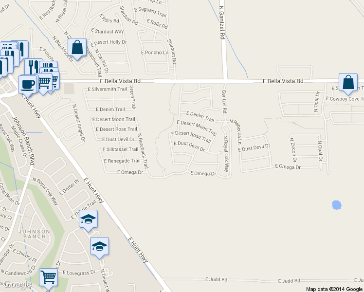 map of restaurants, bars, coffee shops, grocery stores, and more near 1705 East Dust Devil Drive in Queen Creek
