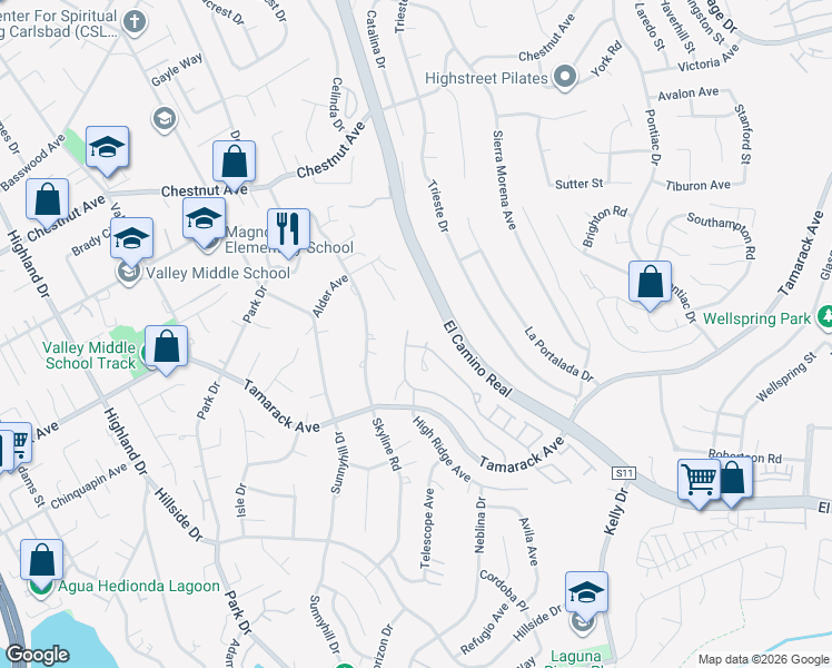 map of restaurants, bars, coffee shops, grocery stores, and more near 1726 East Pointe Avenue in Carlsbad