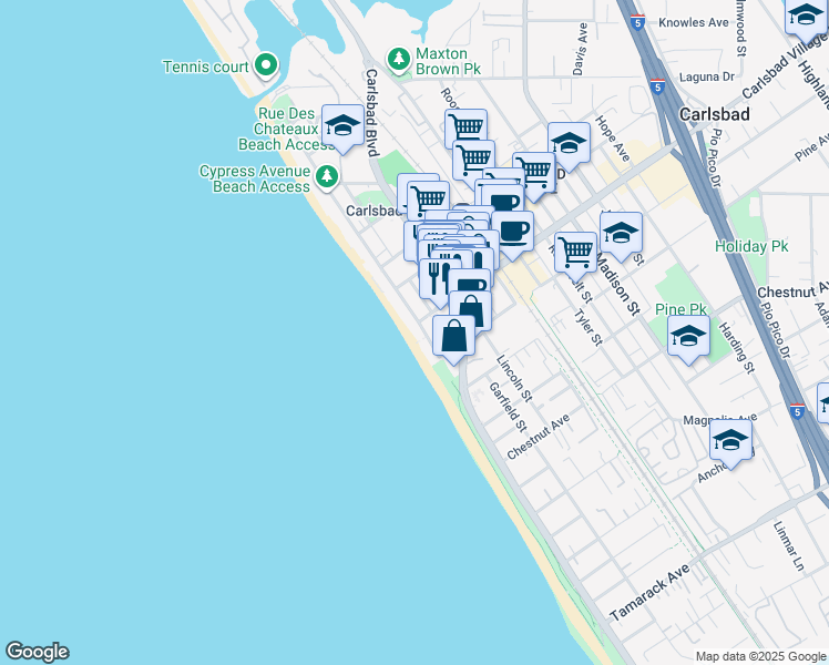 map of restaurants, bars, coffee shops, grocery stores, and more near 2950 Ocean Street in Carlsbad