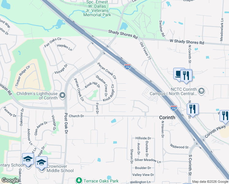 map of restaurants, bars, coffee shops, grocery stores, and more near 1613 Knoll Ridge Circle in Corinth