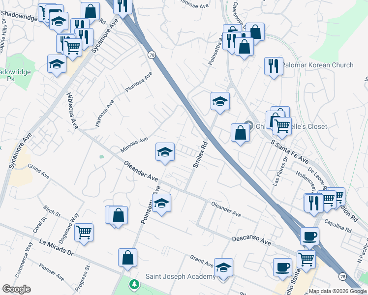 map of restaurants, bars, coffee shops, grocery stores, and more near 506 Willowmore Street in Vista