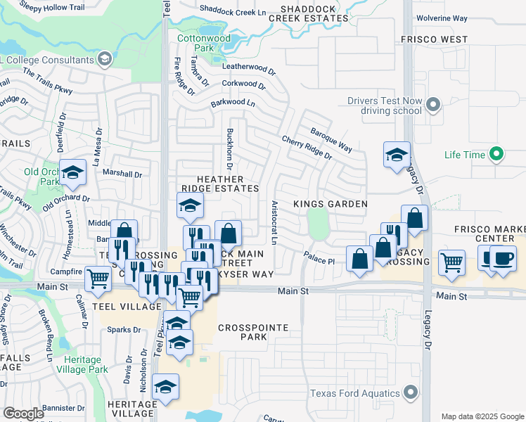 map of restaurants, bars, coffee shops, grocery stores, and more near 9446 Ironwood Drive in Frisco