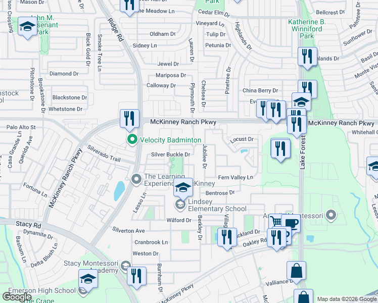 map of restaurants, bars, coffee shops, grocery stores, and more near 5701 Broken Spur in McKinney