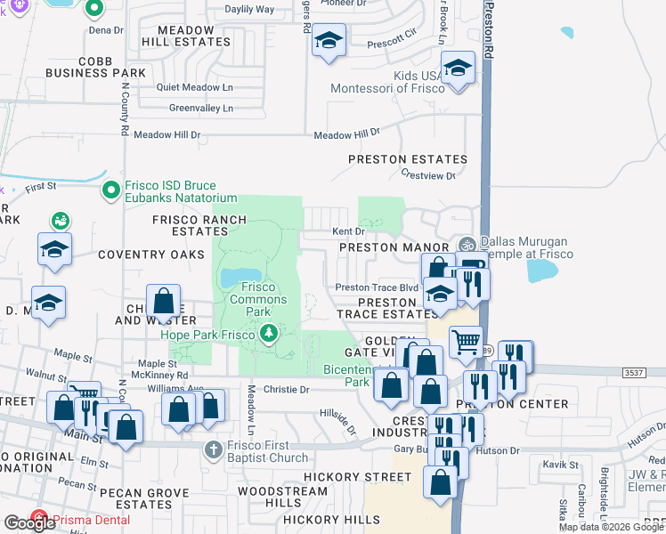 map of restaurants, bars, coffee shops, grocery stores, and more near 9761 Williford Trail in Frisco
