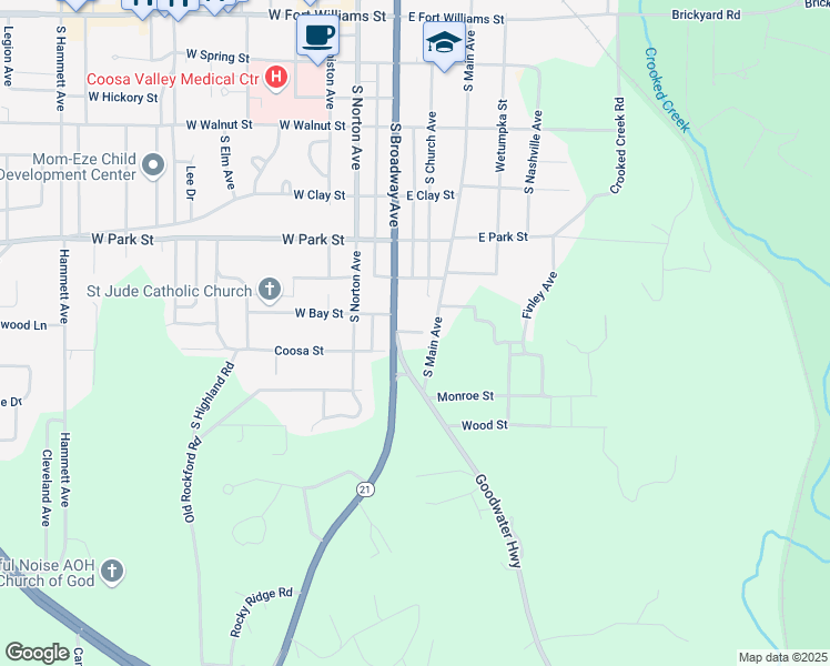 map of restaurants, bars, coffee shops, grocery stores, and more near 600 South Broadway Avenue in Sylacauga