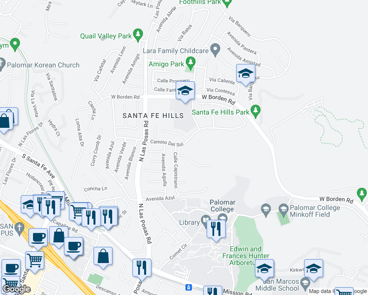 map of restaurants, bars, coffee shops, grocery stores, and more near 1117 Camino Del Sol in San Marcos