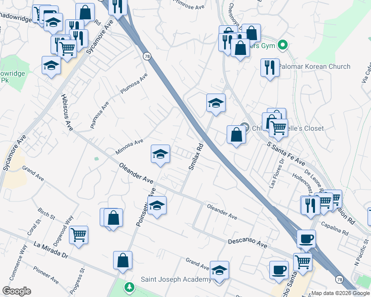 map of restaurants, bars, coffee shops, grocery stores, and more near 3072 Glenmore Street in Vista