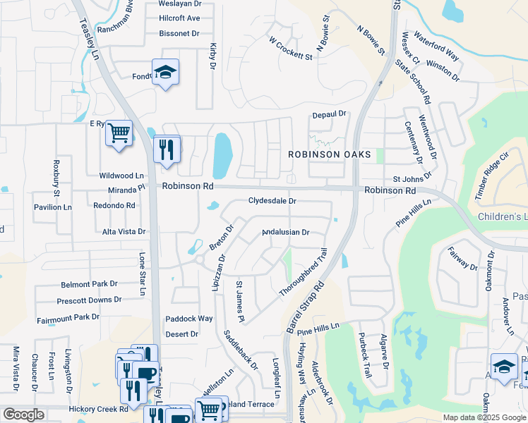 map of restaurants, bars, coffee shops, grocery stores, and more near 3339 Lippizan Drive in Denton