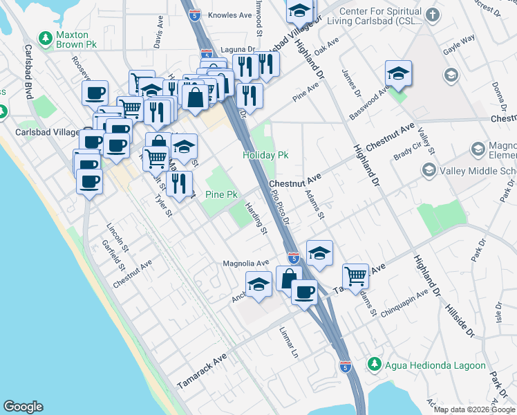 map of restaurants, bars, coffee shops, grocery stores, and more near 3410 Harding Street in Carlsbad