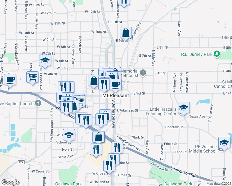 map of restaurants, bars, coffee shops, grocery stores, and more near 112 North Jefferson Avenue in Mount Pleasant