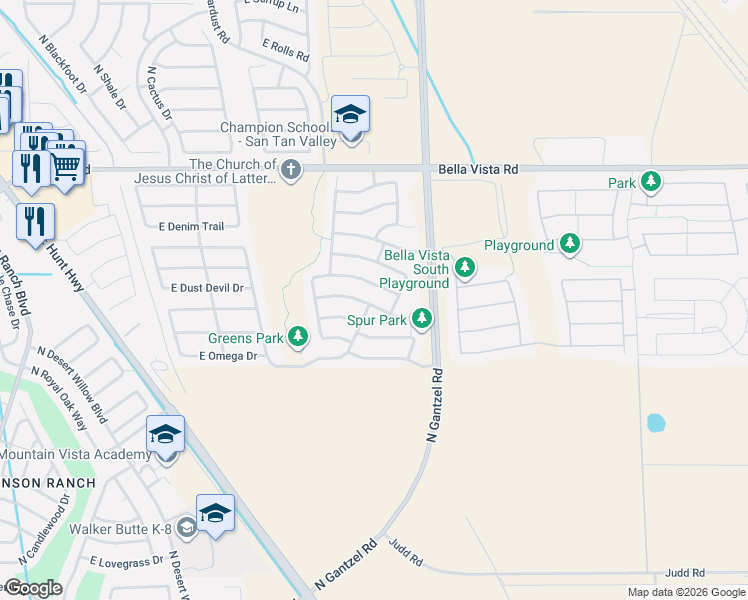 map of restaurants, bars, coffee shops, grocery stores, and more near 1813 East Desert Rose Trail in San Tan Valley