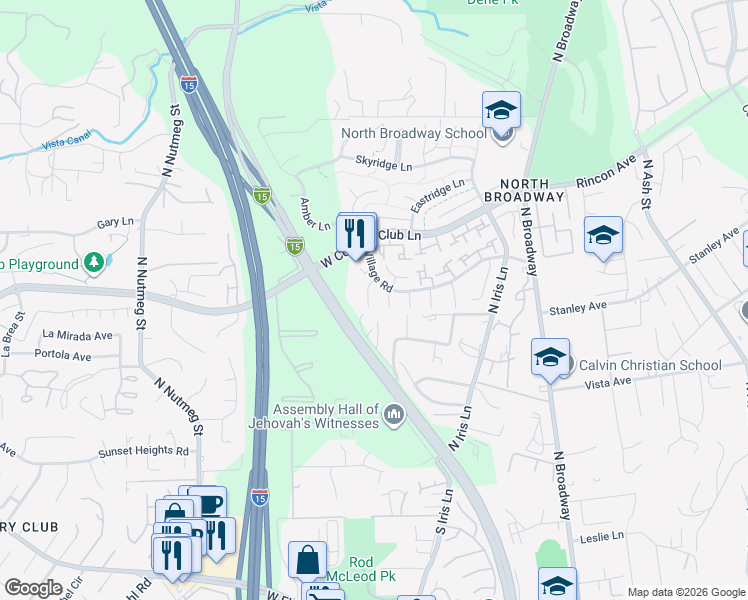map of restaurants, bars, coffee shops, grocery stores, and more near 2139 Woodglen Place in Escondido