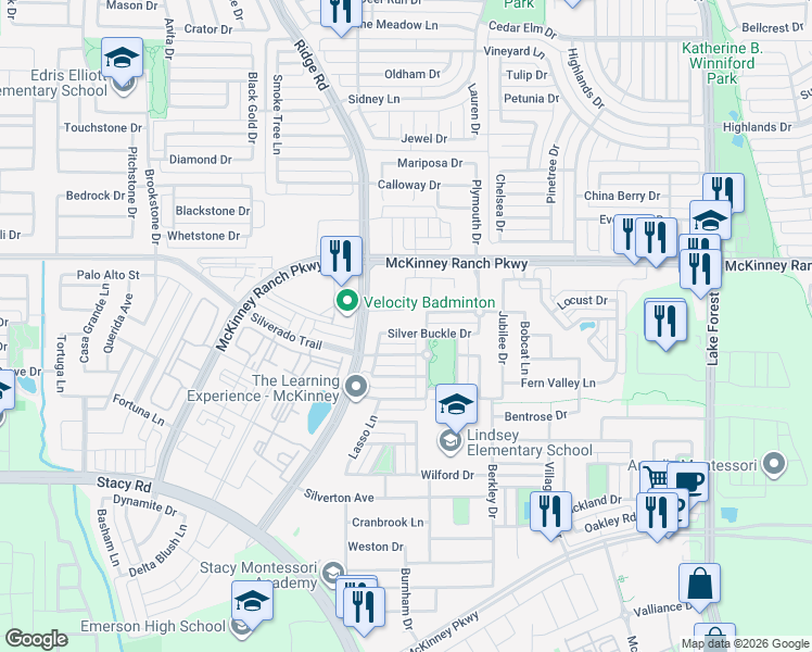 map of restaurants, bars, coffee shops, grocery stores, and more near 5905 Layena Drive in McKinney