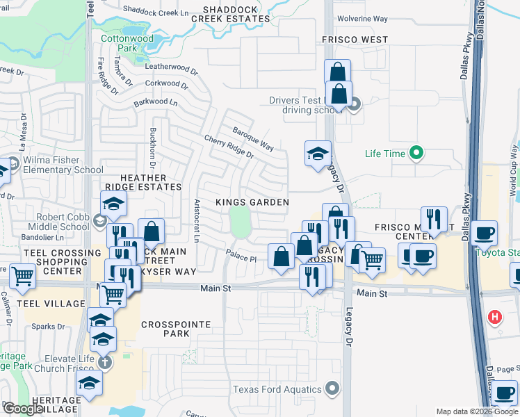 map of restaurants, bars, coffee shops, grocery stores, and more near in Frisco