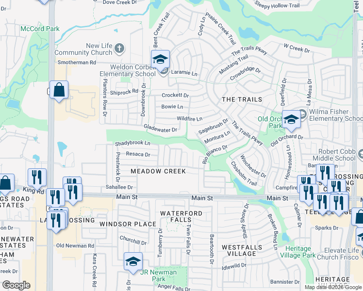 map of restaurants, bars, coffee shops, grocery stores, and more near 1425 Gladewater Trail in Frisco