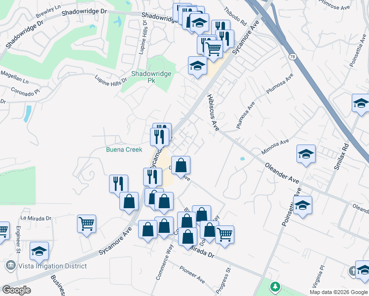map of restaurants, bars, coffee shops, grocery stores, and more near 953 Radcliffe Trail in Vista