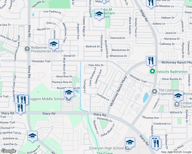 map of restaurants, bars, coffee shops, grocery stores, and more near 6601 Lepant Lane in McKinney
