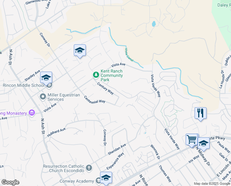 map of restaurants, bars, coffee shops, grocery stores, and more near 1876 Century Way in Escondido