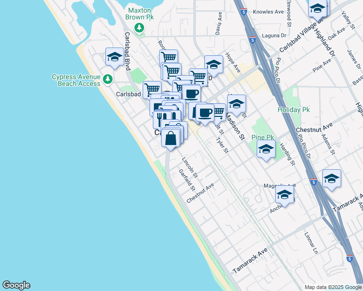 map of restaurants, bars, coffee shops, grocery stores, and more near 3116 Lincoln Street in Carlsbad