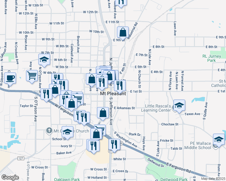 map of restaurants, bars, coffee shops, grocery stores, and more near 114 North Jefferson Avenue in Mount Pleasant