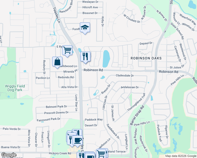 map of restaurants, bars, coffee shops, grocery stores, and more near 5511 Green Ivy Road in Denton
