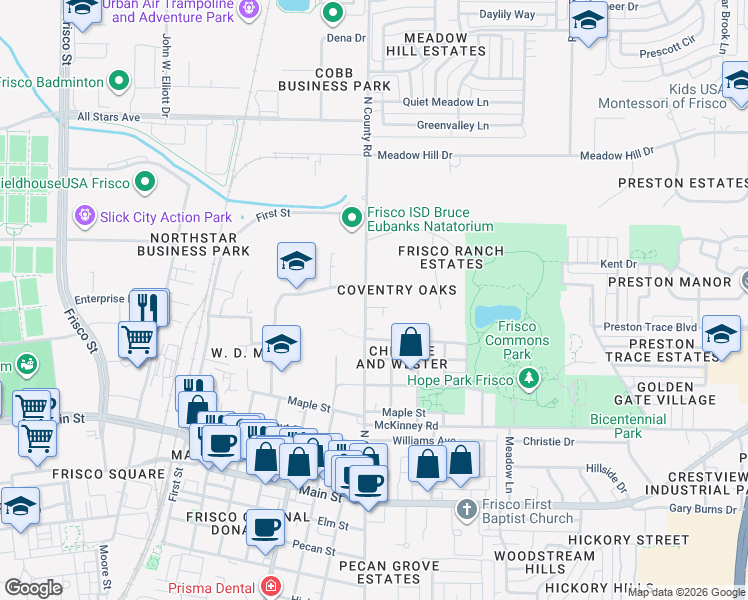 map of restaurants, bars, coffee shops, grocery stores, and more near 9800 North County Road in Frisco