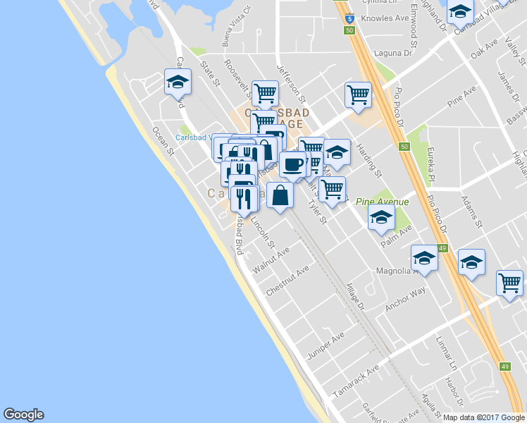 map of restaurants, bars, coffee shops, grocery stores, and more near 201 Oak Avenue in Carlsbad
