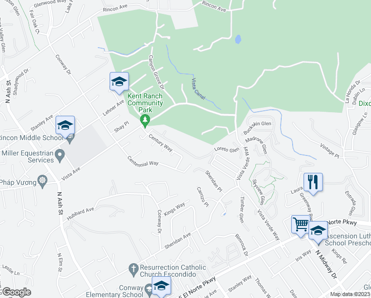 map of restaurants, bars, coffee shops, grocery stores, and more near 1840 Loreto Glen in Escondido