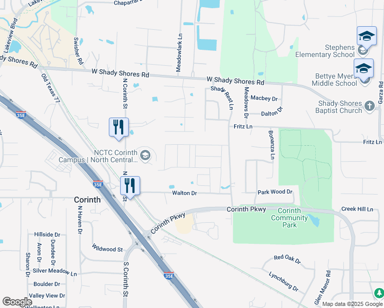 map of restaurants, bars, coffee shops, grocery stores, and more near 3404 Danbury Circle in Corinth