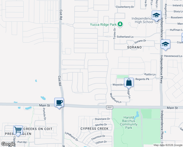 map of restaurants, bars, coffee shops, grocery stores, and more near 13255 Tim Tam Circle in Frisco
