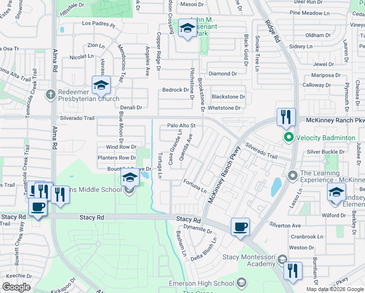 map of restaurants, bars, coffee shops, grocery stores, and more near 6601 Lepant Lane in McKinney