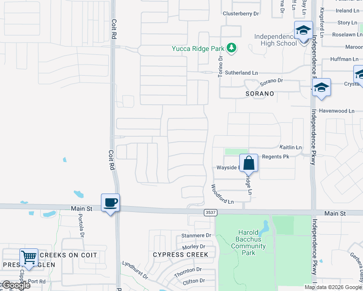map of restaurants, bars, coffee shops, grocery stores, and more near 13255 Tim Tam Circle in Frisco