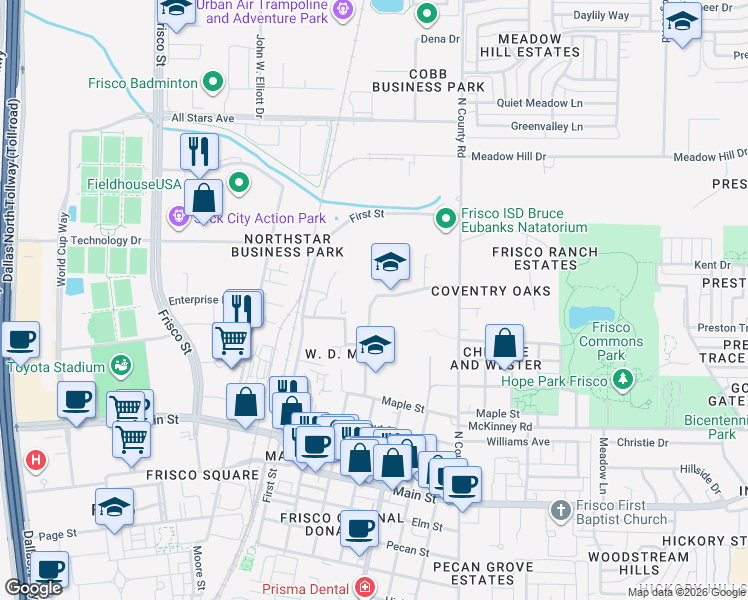 map of restaurants, bars, coffee shops, grocery stores, and more near 6927 Stadium Lane in Frisco