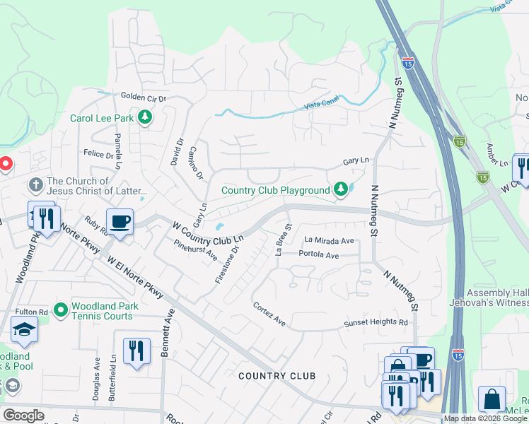 map of restaurants, bars, coffee shops, grocery stores, and more near 1416 West Country Club Lane in Escondido
