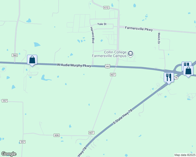 map of restaurants, bars, coffee shops, grocery stores, and more near 1821 West Audie Murphy Parkway in Farmersville