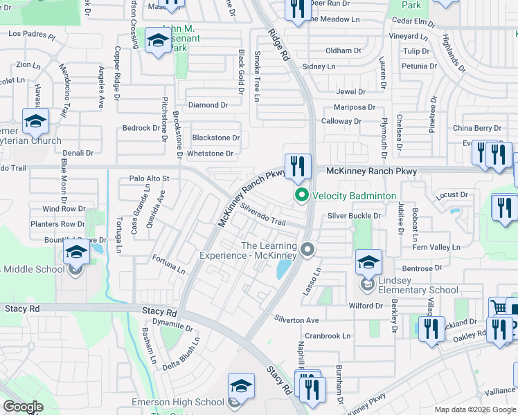 map of restaurants, bars, coffee shops, grocery stores, and more near 6117 Roper Road in McKinney