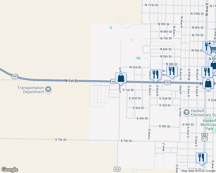map of restaurants, bars, coffee shops, grocery stores, and more near 1609 North 1st Street in Haskell